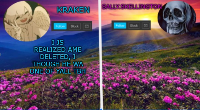 sally.skellington and kraken announcment template | I JS REALIZED AME DELETED, I THOUGH HE WA ONE OF YALL TBH | image tagged in sally skellington and kraken announcment template | made w/ Imgflip meme maker