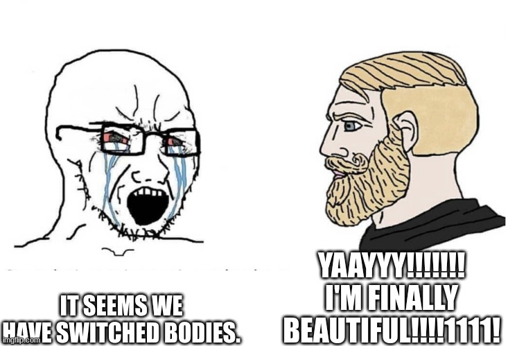 Soyboy Vs Yes Chad | YAAYYY!!!!!!! I'M FINALLY BEAUTIFUL!!!!1111! IT SEEMS WE HAVE SWITCHED BODIES. | image tagged in soyboy vs yes chad | made w/ Imgflip meme maker