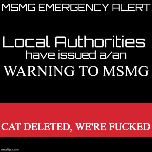 New MSMG EAS | WARNING TO MSMG; CAT DELETED, WE'RE FUCKED | image tagged in new msmg eas | made w/ Imgflip meme maker