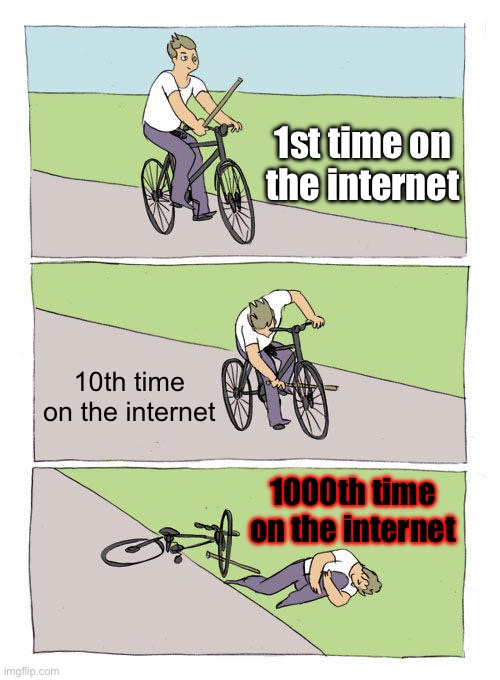 Bike Fall Meme | 1st time on the internet; 10th time on the internet; 1000th time on the internet | image tagged in memes,bike fall | made w/ Imgflip meme maker