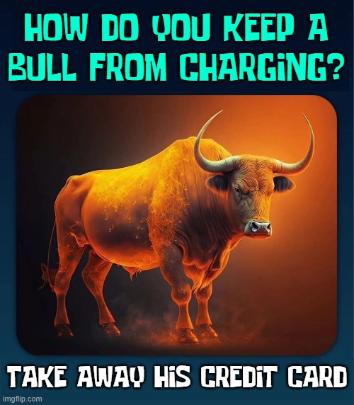 Being in the Red or Seeing Red? | HOW DO YOU KEEP A
BULL FROM CHARGING? TAKE AWAY HIS CREDIT CARD | image tagged in vince vance,bulls,cows,dad jokes,memes,credit cards | made w/ Imgflip meme maker