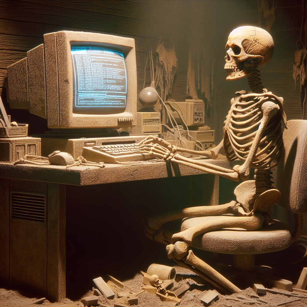 Skeleton waiting at computer console Blank Meme Template