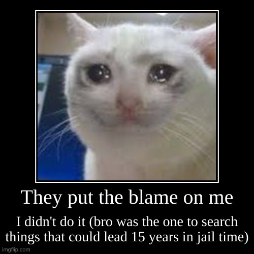why | They put the blame on me | I didn't do it (bro was the one to search things that could lead 15 years in jail time) | image tagged in funny,demotivationals | made w/ Imgflip demotivational maker