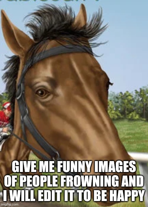 Big horse | GIVE ME FUNNY IMAGES OF PEOPLE FROWNING AND I WILL EDIT IT TO BE HAPPY | image tagged in big horse | made w/ Imgflip meme maker