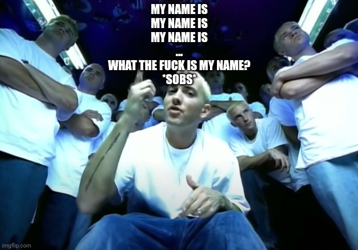 Slim Shady Eminem | MY NAME IS
MY NAME IS
MY NAME IS
...
WHAT THE FUCK IS MY NAME?
*SOBS* | image tagged in slim shady eminem | made w/ Imgflip meme maker