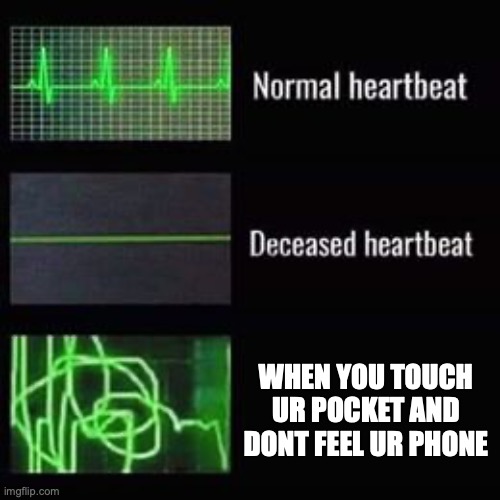 remember to check ur pocket :) | WHEN YOU TOUCH UR POCKET AND DONT FEEL UR PHONE | image tagged in heartbeat rate | made w/ Imgflip meme maker