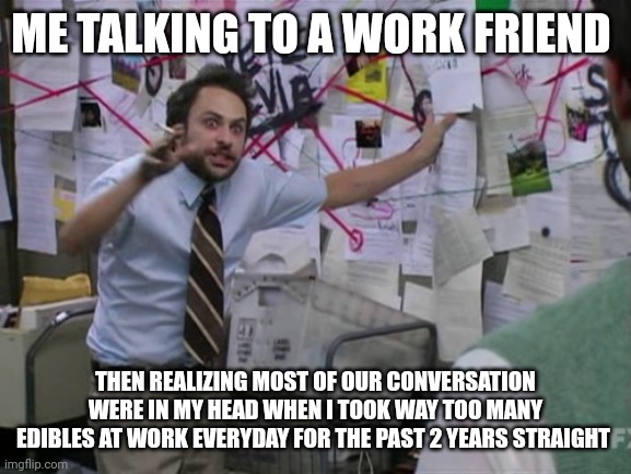 Charlie Day | ME TALKING TO A WORK FRIEND; THEN REALIZING MOST OF OUR CONVERSATION WERE IN MY HEAD WHEN I TOOK WAY TOO MANY EDIBLES AT WORK EVERYDAY FOR THE PAST 2 YEARS STRAIGHT | image tagged in charlie day | made w/ Imgflip meme maker