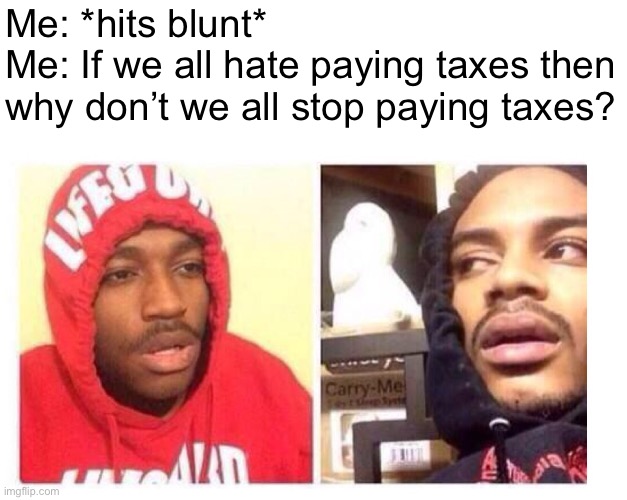 Hmmm | Me: *hits blunt*
Me: If we all hate paying taxes then why don’t we all stop paying taxes? | image tagged in hits blunt,taxes,philosophy,philosophybecauseweed,weed,blunt | made w/ Imgflip meme maker