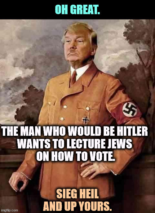 It's not Democrats waving Nazi flags around. Most Jews notice these things. | OH GREAT. THE MAN WHO WOULD BE HITLER 
WANTS TO LECTURE JEWS 
ON HOW TO VOTE. SIEG HEIL AND UP YOURS. | image tagged in trump hitler twitler,trump,hitler,neo-nazis,jews,israel | made w/ Imgflip meme maker