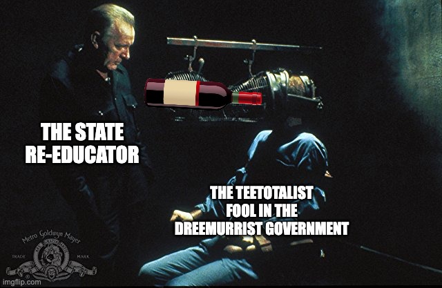 Dreemurrism requires unity | THE STATE RE-EDUCATOR; THE TEETOTALIST FOOL IN THE DREEMURRIST GOVERNMENT | image tagged in 1984 rat cage,dreemurrism,dreemurrist,teetotalism,drinking,funny | made w/ Imgflip meme maker