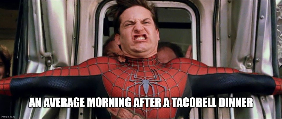 P̶i̶z̶z̶a̶ Potty time ✅ | AN AVERAGE MORNING AFTER A TACOBELL DINNER | image tagged in spiderman train,fun | made w/ Imgflip meme maker