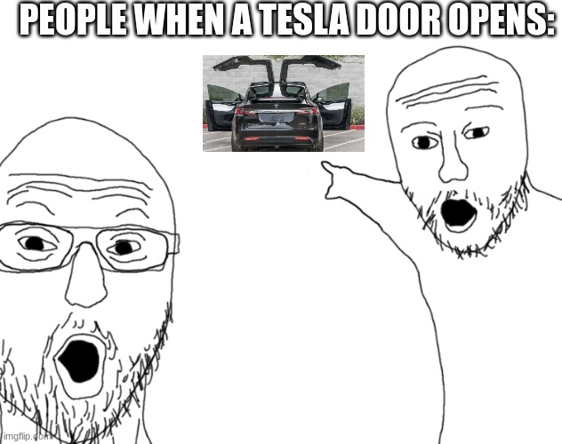its just a DOOR OPENING | PEOPLE WHEN A TESLA DOOR OPENS: | image tagged in soyjak pointing,memes,relatable memes,funny memes,tesla,model x | made w/ Imgflip meme maker