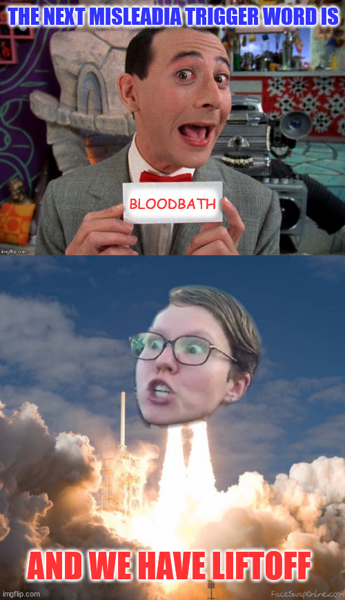 And we have liftoff... | THE NEXT MISLEADIA TRIGGER WORD IS; BLOODBATH; AND WE HAVE LIFTOFF | image tagged in next,misleadia,omission lie | made w/ Imgflip meme maker