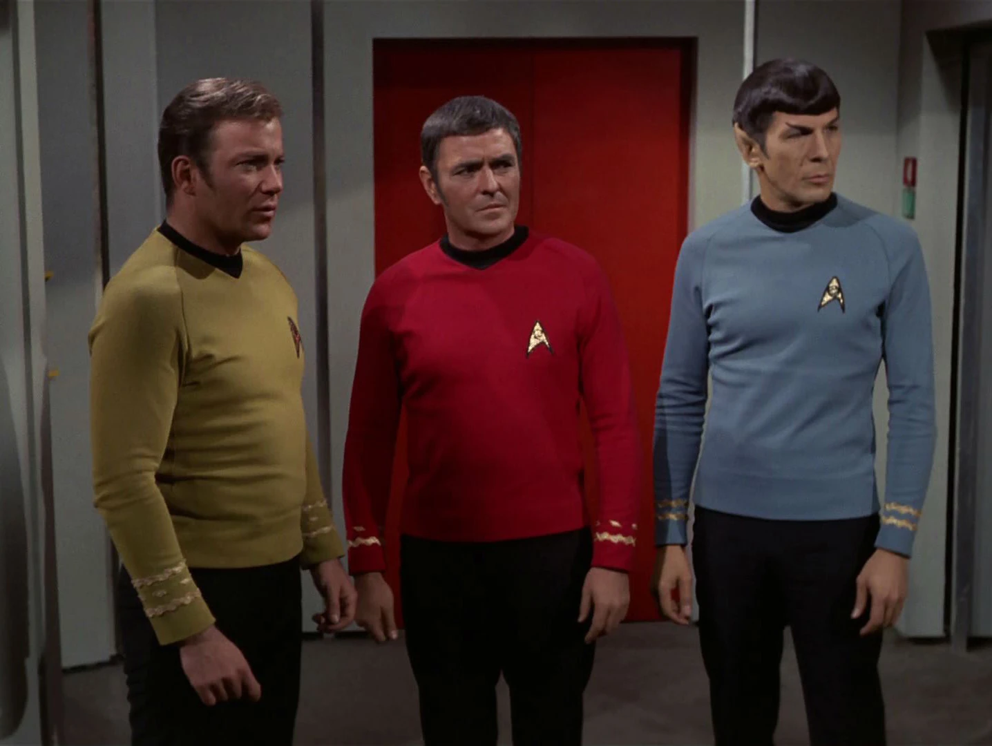 High Quality Captain Kirk, Scotty and Spock looking to the right Blank Meme Template