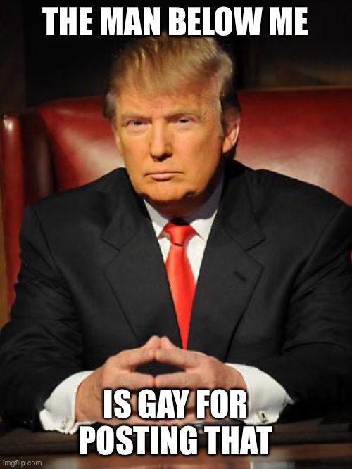 Serious Trump | THE MAN BELOW ME; IS GAY FOR POSTING THAT | image tagged in serious trump | made w/ Imgflip meme maker