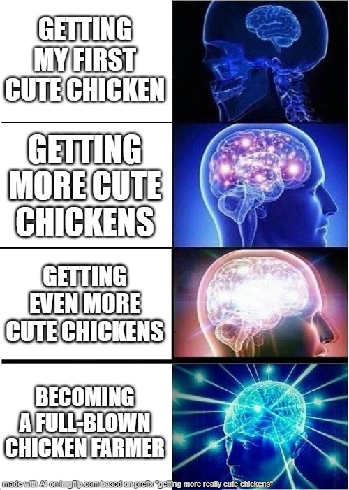 When you get chickens | GETTING MY FIRST CUTE CHICKEN; GETTING MORE CUTE CHICKENS; GETTING EVEN MORE CUTE CHICKENS; BECOMING A FULL-BLOWN CHICKEN FARMER | image tagged in memes,expanding brain | made w/ Imgflip meme maker