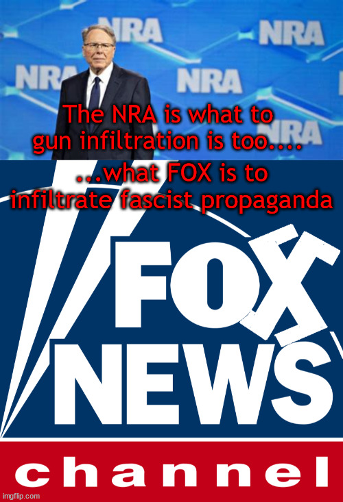 FOXAGANDA | The NRA is what to gun infiltration is too.... ...what FOX is to infiltrate fascist propaganda | image tagged in fascist proaganda,nazis,fox newws,nra,cult,maga nazis | made w/ Imgflip meme maker