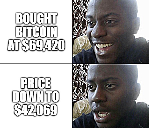 Bitcoin | BOUGHT BITCOIN AT $69,420; PRICE DOWN TO $42,069 | image tagged in happy / shock | made w/ Imgflip meme maker