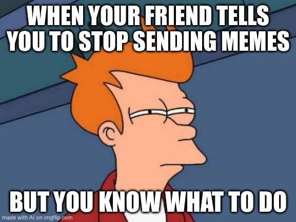 Futurama Fry Meme | WHEN YOUR FRIEND TELLS YOU TO STOP SENDING MEMES; BUT YOU KNOW WHAT TO DO | image tagged in memes,futurama fry | made w/ Imgflip meme maker