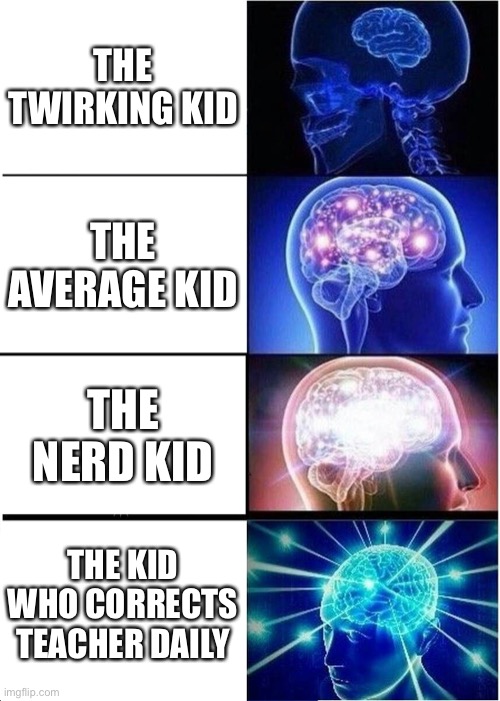 Expanding Brain Meme | THE TWIRKING KID; THE AVERAGE KID; THE NERD KID; THE KID WHO CORRECTS TEACHER DAILY | image tagged in memes,expanding brain | made w/ Imgflip meme maker