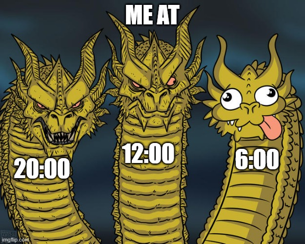 me at 6 am | ME AT; 12:00; 6:00; 20:00 | image tagged in three-headed dragon | made w/ Imgflip meme maker