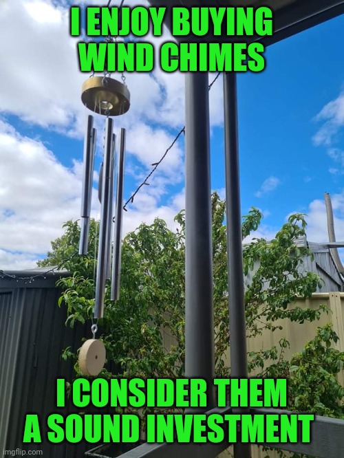 Wind chime | I ENJOY BUYING WIND CHIMES; I CONSIDER THEM A SOUND INVESTMENT | image tagged in wind chime | made w/ Imgflip meme maker