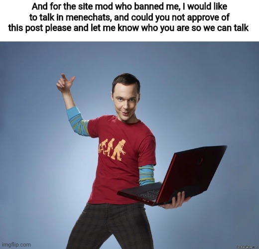 Should I just give you my memechat? | And for the site mod who banned me, I would like to talk in menechats, and could you not approve of this post please and let me know who you are so we can talk | image tagged in sheldon cooper laptop | made w/ Imgflip meme maker
