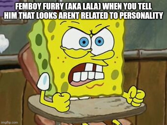 I dont understand how me not being hot makes me a "bastard" | FEMBOY FURRY (AKA LALA) WHEN YOU TELL HIM THAT LOOKS ARENT RELATED TO PERSONALITY | image tagged in pissed off spongebob | made w/ Imgflip meme maker