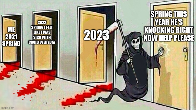 i need to jump out the window | SPRING THIS YEAR HE'S KNOCKING RIGHT NOW HELP, PLEASE; 2023; 2022 SPRING I FELT LIKE I WAS SICK WITH COVID EVERYDAY; ME 2021 SPRING | image tagged in death knocking at the door,i hope i live | made w/ Imgflip meme maker