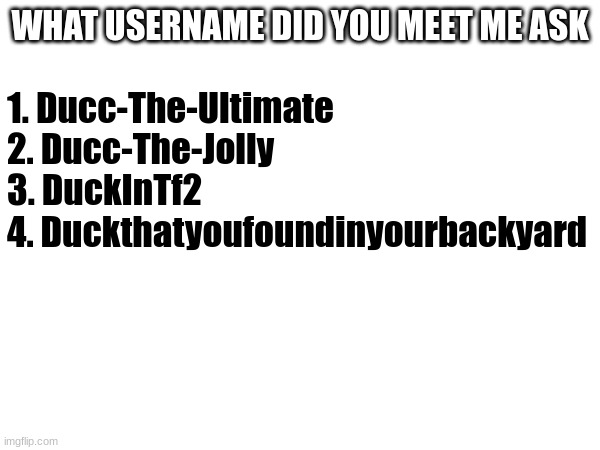 If you somehow met me earlier let me know :) | WHAT USERNAME DID YOU MEET ME ASK; 1. Ducc-The-Ultimate
2. Ducc-The-Jolly
3. DuckInTf2
4. Duckthatyoufoundinyourbackyard | made w/ Imgflip meme maker
