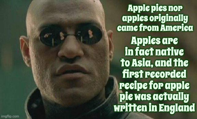 Be Careful With What You THINK You KNOW | Apples are in fact native to Asia, and the first recorded recipe for apple pie was actually written in England; Apple pies nor apples originally came from America | image tagged in memes,matrix morpheus,apple pie,apples,history of the world,you've been mislead | made w/ Imgflip meme maker