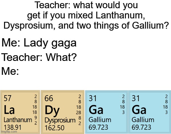 How about you try finding a word in the Periodic table It's easy | Teacher: what would you get if you mixed Lanthanum, Dysprosium, and two things of Gallium? Me: Lady gaga; Teacher: What? Me: | image tagged in memes,funny,gifs,periodic table,school,lady gaga | made w/ Imgflip meme maker
