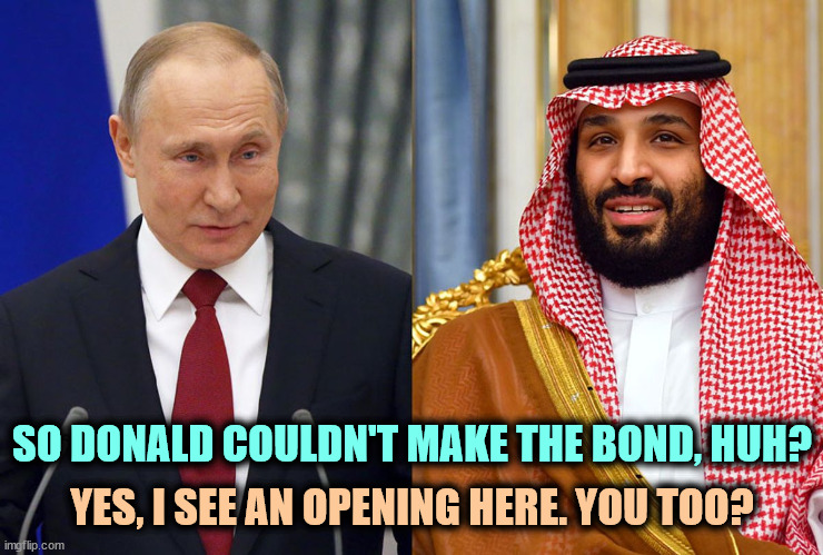 Get Trump on the hook and see him wriggle. President for Sale! | SO DONALD COULDN'T MAKE THE BOND, HUH? YES, I SEE AN OPENING HERE. YOU TOO? | image tagged in putin,msb,russia,saudi arabia,trump,debt | made w/ Imgflip meme maker