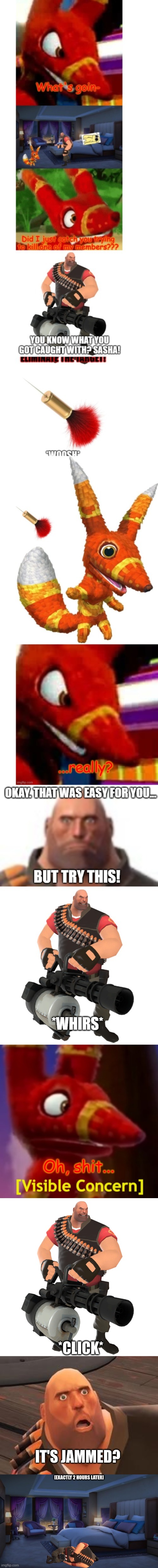 if you don't know, he was beaten up by 4 random hooligans with comically large KFC drumsticks | *CLICK*; IT'S JAMMED? [EXACTLY 2 HOURS LATER] | image tagged in heavy,tf2 heavy,night bedroom | made w/ Imgflip meme maker