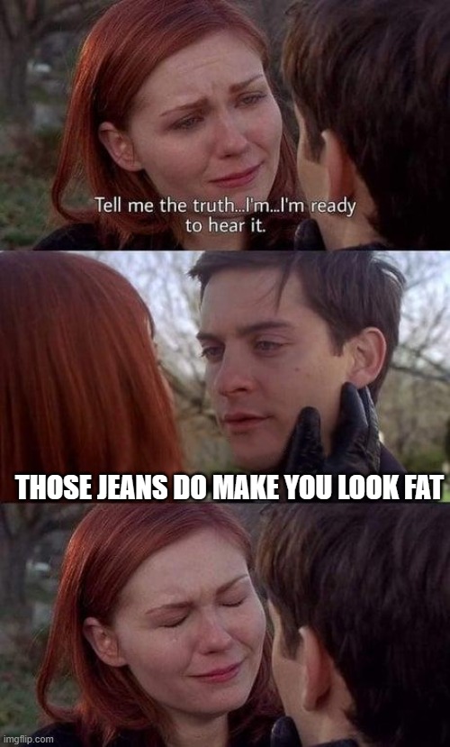 Tell me the truth, I'm ready to hear it | THOSE JEANS DO MAKE YOU LOOK FAT | image tagged in tell me the truth i'm ready to hear it | made w/ Imgflip meme maker
