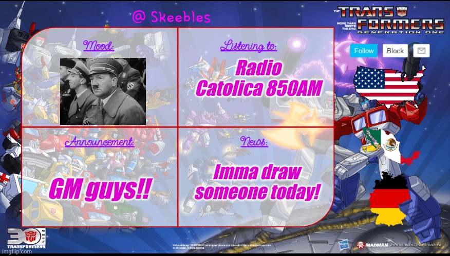 Skeebles announcement temp. | Radio Catolica 850AM; Imma draw someone today! GM guys!! | image tagged in skeebles announcement temp | made w/ Imgflip meme maker