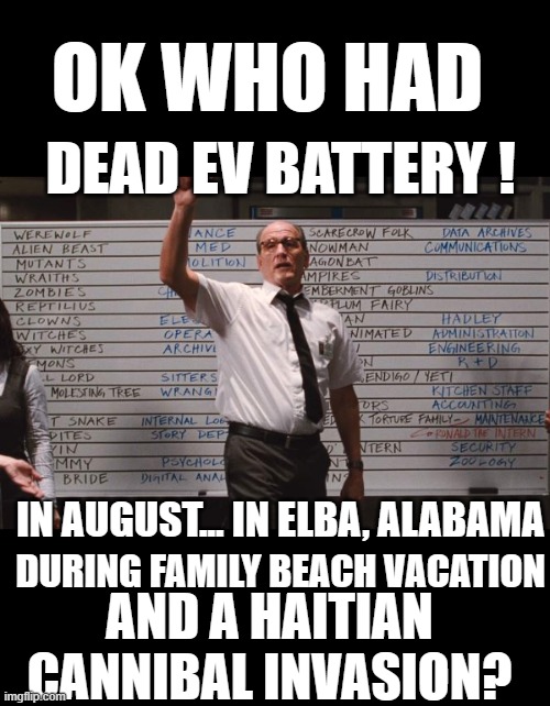 yep | OK WHO HAD; DEAD EV BATTERY ! IN AUGUST... IN ELBA, ALABAMA; DURING FAMILY BEACH VACATION; AND A HAITIAN CANNIBAL INVASION? | image tagged in cabin the the woods,democrats | made w/ Imgflip meme maker