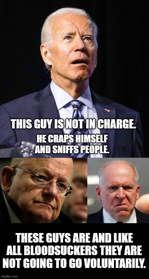 yeo just the truth | THIS GUY IS NOT IN CHARGE. HE CRAPS HIMSELF AND SNIFFS PEOPLE. THESE GUYS ARE AND LIKE ALL BLOODSUCKERS THEY ARE NOT GOING TO GO VOLUNTARILY. | image tagged in joe biden,clapper,grumpy john brennan,democrats | made w/ Imgflip meme maker