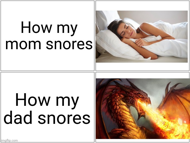 Creetus Abacus | How my mom snores; How my dad snores | image tagged in memes,blank comic panel 2x2 | made w/ Imgflip meme maker