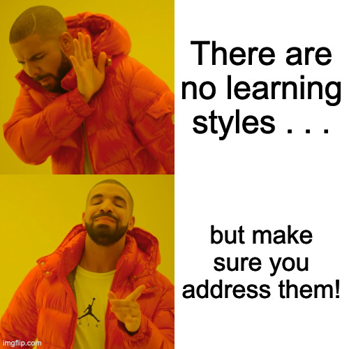 Drake Hotline Bling Meme | There are no learning styles . . . but make sure you address them! | image tagged in memes,drake hotline bling | made w/ Imgflip meme maker