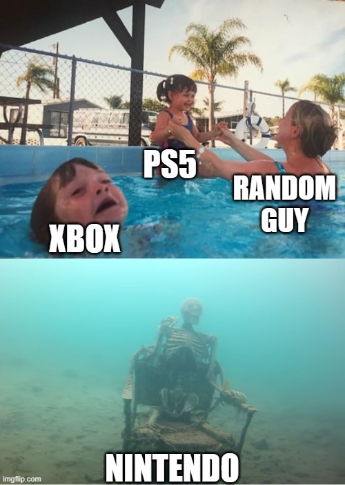 gaming consoles | PS5; RANDOM GUY; XBOX; NINTENDO | image tagged in swimming pool kids | made w/ Imgflip meme maker