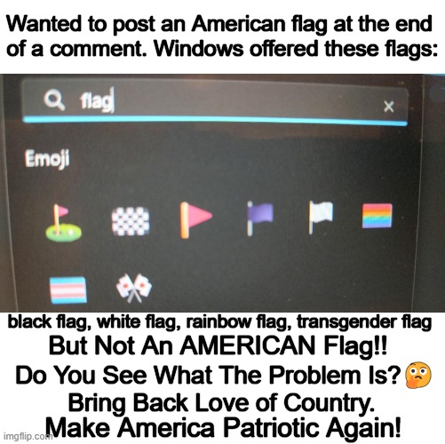 Whatever Happened To Being Grateful to Be An American? | Wanted to post an American flag at the end 
of a comment. Windows offered these flags:; black flag, white flag, rainbow flag, transgender flag; But Not An AMERICAN Flag!! Do You See What The Problem Is?🤔
Bring Back Love of Country. Make America Patriotic Again! | image tagged in politics,liberals vs conservatives,american flag,gay pride flag,patriotism,america | made w/ Imgflip meme maker
