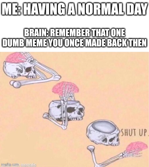 I want to forget about that so badly | ME: HAVING A NORMAL DAY; BRAIN: REMEMBER THAT ONE DUMB MEME YOU ONCE MADE BACK THEN | image tagged in skeleton shut up meme | made w/ Imgflip meme maker