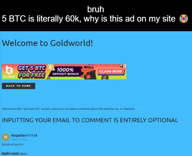 obvious scam go brrrrrrrr | bruh
5 BTC is literally 60k, why is this ad on my site 😭 | made w/ Imgflip meme maker