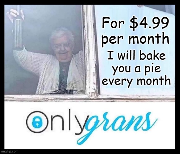 Sign me up! | For $4.99 per month; I will bake
you a pie
every month | image tagged in onlyfans,only fans,grandma,internet,grandma finds the internet,hey internet | made w/ Imgflip meme maker