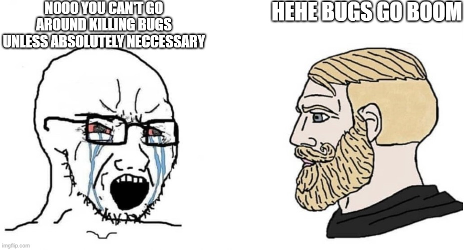 crying wojak vs chad | NOOO YOU CAN'T GO AROUND KILLING BUGS UNLESS ABSOLUTELY NECCESSARY; HEHE BUGS GO BOOM | image tagged in crying wojak vs chad | made w/ Imgflip meme maker