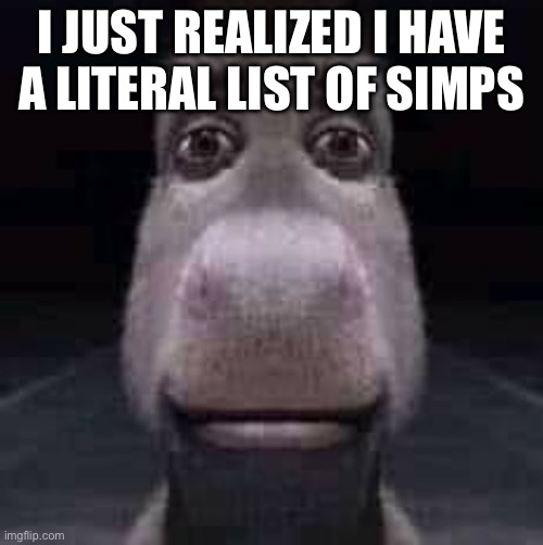 Donkey staring | I JUST REALIZED I HAVE A LITERAL LIST OF SIMPS | image tagged in donkey staring | made w/ Imgflip meme maker