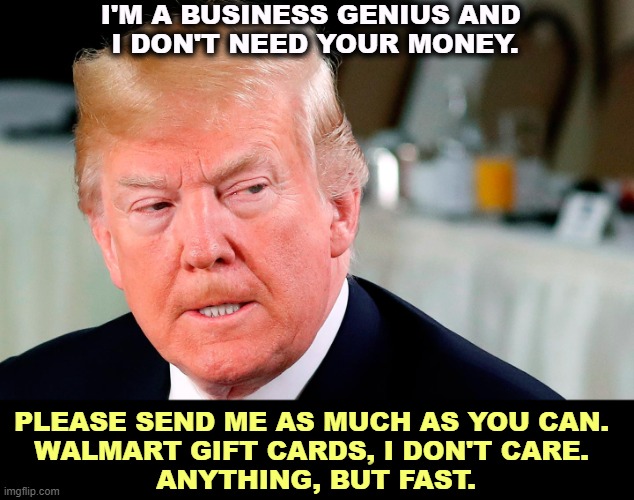 Help! | I'M A BUSINESS GENIUS AND 
I DON'T NEED YOUR MONEY. PLEASE SEND ME AS MUCH AS YOU CAN. 
WALMART GIFT CARDS, I DON'T CARE. 
ANYTHING, BUT FAST. | image tagged in trump lip curl as his world goes to shit,trump,business,genius,donations,now | made w/ Imgflip meme maker