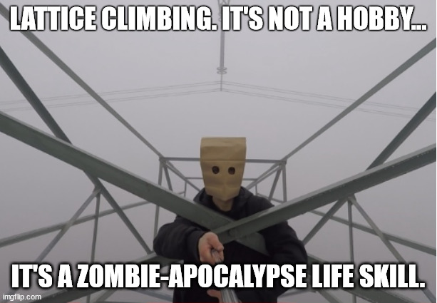 borntoclimbtowers | LATTICE CLIMBING. IT'S NOT A HOBBY... IT'S A ZOMBIE-APOCALYPSE LIFE SKILL. | image tagged in borntoclimbtowers | made w/ Imgflip meme maker