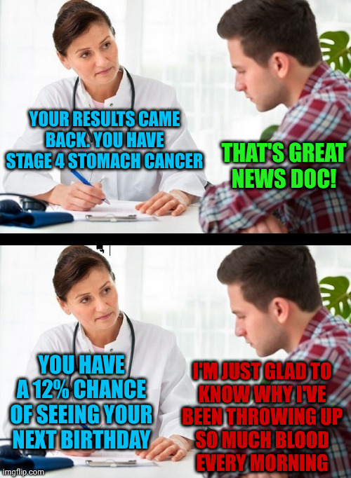 there's an upside to everything | THAT'S GREAT
NEWS DOC! YOUR RESULTS CAME BACK. YOU HAVE STAGE 4 STOMACH CANCER; YOU HAVE A 12% CHANCE OF SEEING YOUR NEXT BIRTHDAY; I'M JUST GLAD TO
KNOW WHY I'VE
BEEN THROWING UP
SO MUCH BLOOD
EVERY MORNING | image tagged in doctor and patient,optimism | made w/ Imgflip meme maker